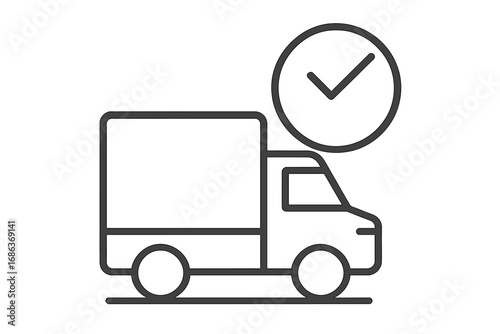 Delivery truck with clock and checkmark icon. On-time shipping, express service, logistics concept. Fast transport, order tracking, and successful delivery vector symbol.