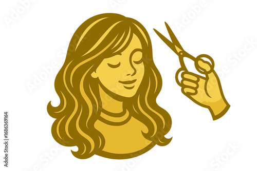 Hairdresser cutting long hair with scissors. Beautiful woman in a beauty salon. Professional hairstyling and coiffure concept. Hair care, haircut, trim. Barber service logo.