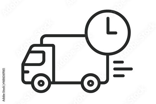 Fast delivery truck icon with clock. Express shipping and logistics service concept. 24-hour transport symbol. Quick freight and cargo shipment vector for web and apps.