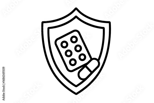 Medical protection icon with shield and pills. Health insurance, pharmacy, and healthcare concept. Vector line art of medicine, drugs, and treatment for immune system support.
