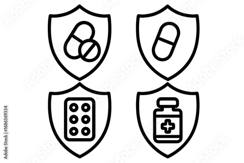 Medical shield icon set. Health protection with pills, capsules, drugs. Pharmaceutical safety, immunity, insurance concept. Outline linear vector graphics for healthcare design.