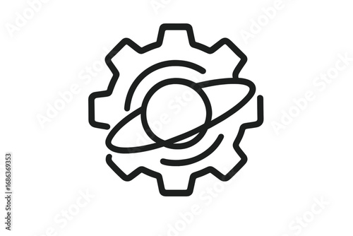 Cogwheel planet gear icon. Concept of global industry, engineering, and space technology. Progress and innovation in universe mechanics. Minimalistic vector line art logo.