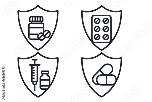 Medical protection icon set. Health shield with medicine, pills, vaccine. Concept of immunity, insurance, healthcare, pharmacy. Linear signs for web design. Vector illustration.