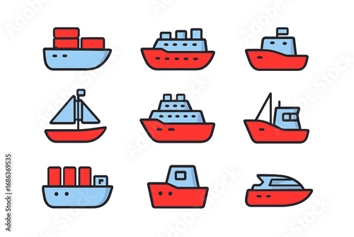 Ship and boat icon set. Sea transportation collection. Vector icons for graphic design. Cargo ship, cruise liner, yacht, sailboat, fishing boat and speedboat symbols.