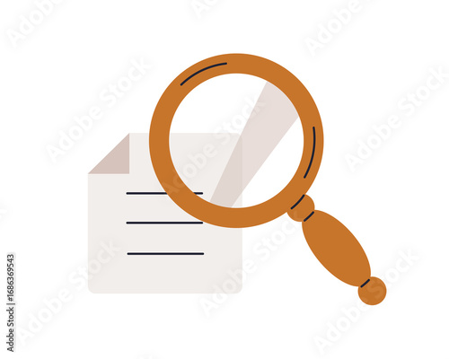 Magnifying glass and document. Analyzing, reviewing, inspecting and studying paper, information, looking through lens. Research concept. Flat vector illustration isolated on white background