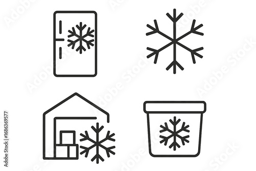 Cold storage vector icon set. Refrigerator, freezer, warehouse and container with snowflake symbol. Linear pictogram for logistics, frozen food preservation and distribution.