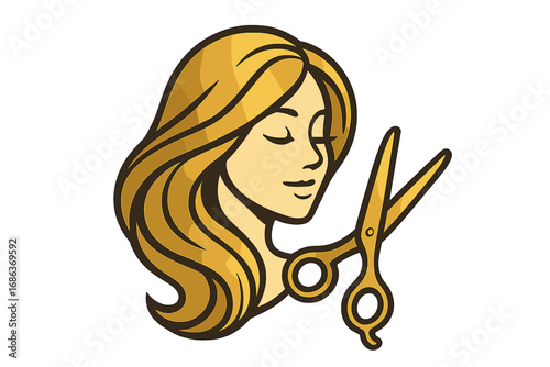 Hair salon logo, beauty parlor emblem. Golden woman face with beautiful hair and scissors. Hairdresser, hairstylist icon. Haircut, hairstyle, coiffure service vector graphic.