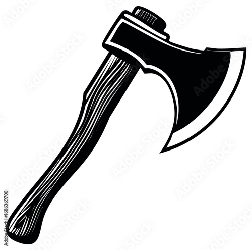 Axe Illustration Cut Out Black and White Sharp Tool for Woodworking and Outdoors