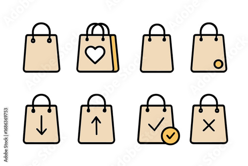 Shopping bag icon set for e-commerce. Online store interface symbols. Add to cart, favorite, checkout, purchase confirmation and cancellation vector linear pictograms for web.