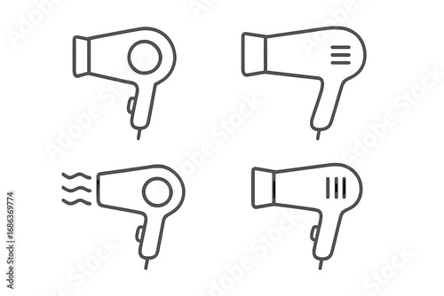 Minimalistic linear hair dryer icons set for beauty and fashion design, vector cartoon illustration with transparent background, ordered collection for salon and styling tools
