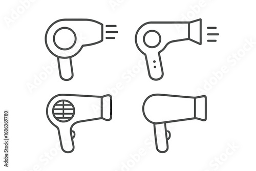Minimalistic Hair Dryer Icon Set in Linear Style for Beauty and Fashion Design, Vector Cartoon Illustration with Transparent Background, Ordered Set of Hair Dryer Symbols for Salon and Personal Care