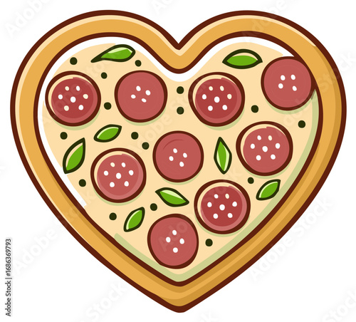Cartoon Pepperoni Pizza in Heart Shape with Basil Valentine's Day Romantic Food