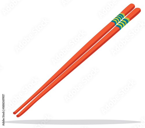Vibrant orange chopsticks with decorative green and blue stripes for Asian dining culture