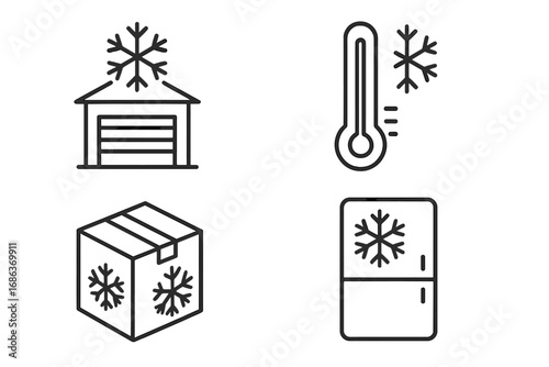 Cold storage line icon set for cold chain supply and logistics. Warehouse, refrigerator, freezer box, thermometer symbols. Frozen food delivery and temperature control vector.