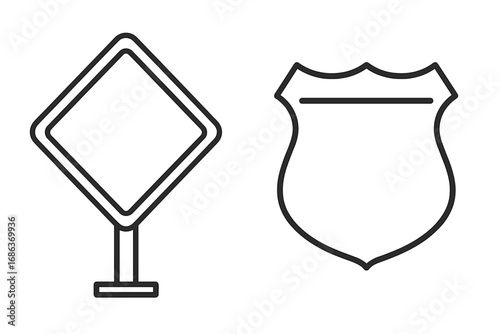 Blank road sign and police shield outline icon set. Vector illustration for traffic safety, security, law, and protection concepts. Simple line art for web and app design.