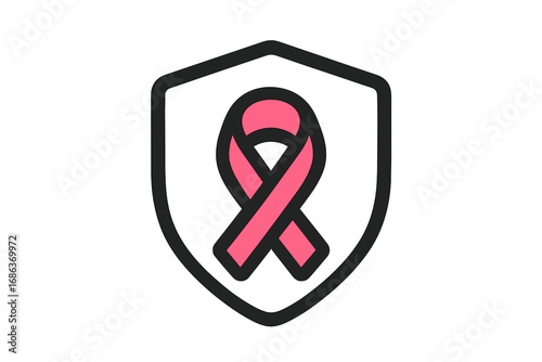 Pink ribbon shield icon for breast cancer awareness month campaign. Symbol of hope, support and charity for women's health. Medical prevention and protection vector pictogram.