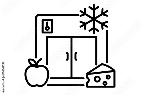 Cold storage warehouse line icon. Refrigerator, freezer for food preservation. Vector outline symbol for fresh apple, cheese. Commercial fridge, temperature control concept.