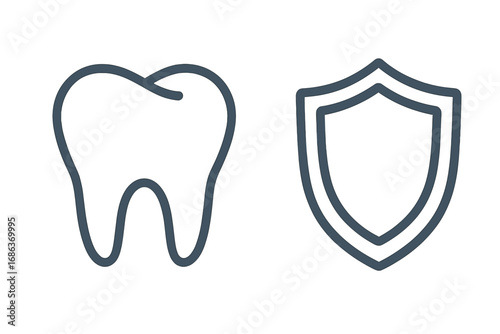 Dental protection icon set. Tooth and shield symbol for dental insurance, clinic logo, or oral hygiene concept. Linear vector illustration for healthcare, stomatology, and dentistry.