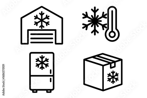 Cold storage and refrigeration icon set. Warehouse, freezer, thermometer, and package symbols. Vector outline illustration for logistics, supply chain, and frozen products.