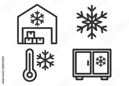 Cold storage outline icon set. Vector symbols for refrigeration, freezer warehouse, and cold chain logistics. Temperature control, frozen food preservation, and distribution signs.
