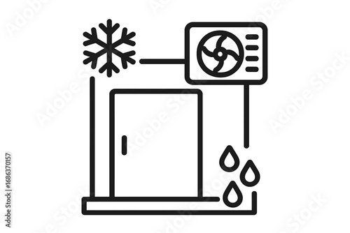 Cold storage room outline icon. Freezer warehouse with refrigeration and air conditioning system. Industrial cooling and freezing technology vector symbol for logistics.