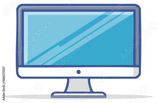 Modern desktop computer monitor with a bright blue screen displaying light reflections