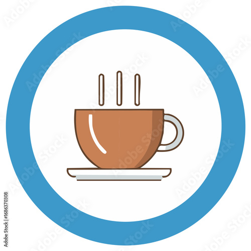 Icon graphic of hot beverage in cup with steam in round blue and white frame, coffee or tea illustration