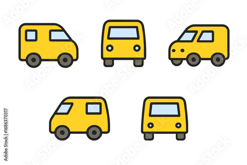 Set of yellow van icons for delivery, shipping, transport. Commercial minibus, automobile pictogram collection. Front, side view. Minimal vector for web, apps, logo, traffic.