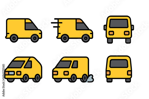 Delivery van icon set for logistics and shipping. Fast transport truck pictogram for web design, apps. Courier service vehicle symbol collection. Vector cartoon illustration.