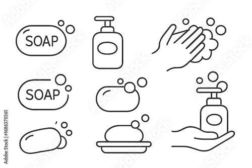 Soap line icon collection. Hand washing, hygiene, sanitation concept. Vector outline pictogram set of bar soap, liquid dispenser, foam, bubbles. For web, apps, graphic design.