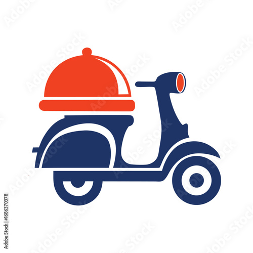 Blue scooter with orange food cloche on white background moped vehicle