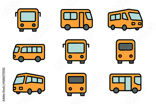 Bus icon vector set. School bus, shuttle, and public transportation symbols. Minimalistic color outline pictogram collection for web design, apps, UI, UX and infographics.