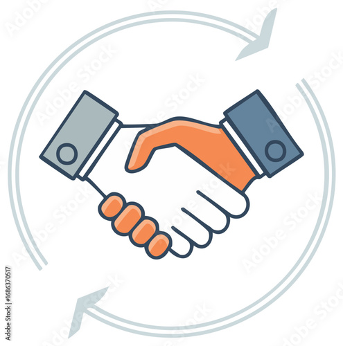 Business partners shaking hands in agreement with circular arrow graphic