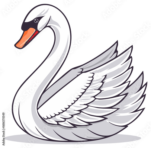 Elegant White Swan Illustration with Graceful Neck and Detailed Feathers, Vector Artwork