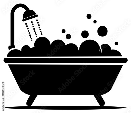 Bathtub with abundant bubbles and running shower water in silhouette style