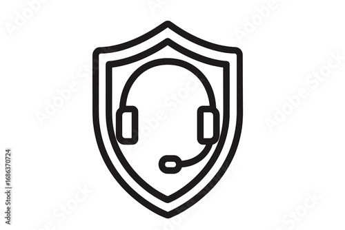 Call center security shield logo. Headset for customer service, support and communication. Secure contact, help desk, and hotline protection concept. Vector line icon illustration.