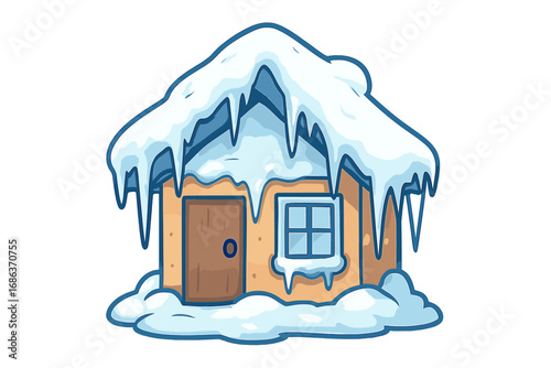 Winter house covered in snow and icicles. Cartoon vector illustration of a cold, frozen home. Simple seasonal graphic icon for Christmas, holidays, and weather concepts.