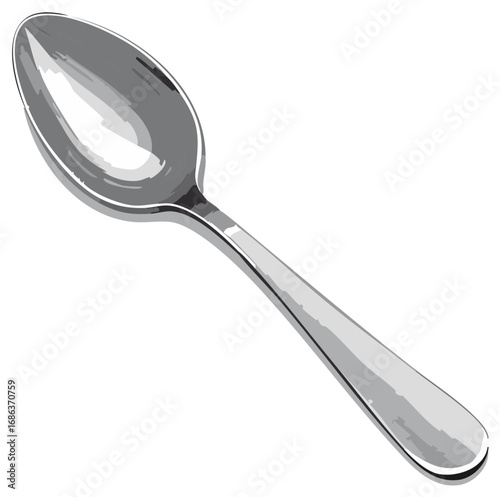 Illustrative rendering of a shiny, silver spoon presented diagonally on a white backdrop