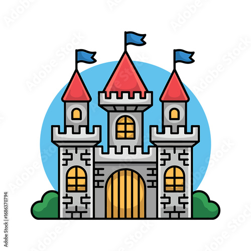 Cartoon Castle with Towers Flags and Gate in a Fanciful Style Perfect for Childrens Illustrations and Fantasy Themes