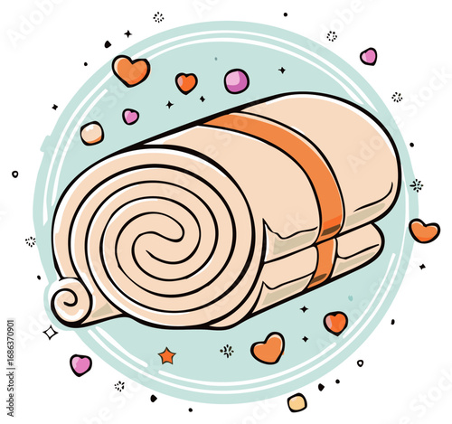 Cozy Rolled Towel Cartoon Surrounded by Hearts and Stars, Spa Day and Relaxation Concept