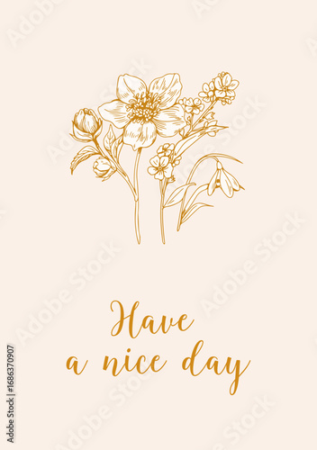 Floral card design with flowers in vintage retro hand-drawn style. Engraved b...