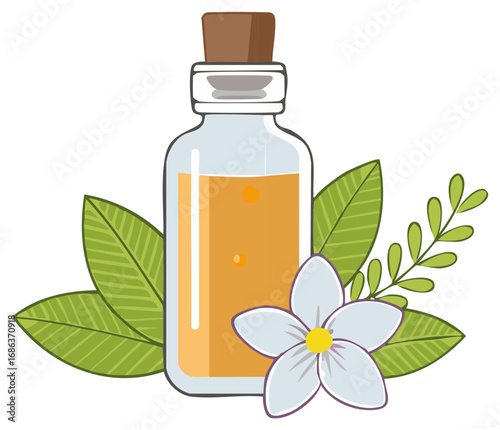 Essential oil bottle with flower, leaves, and branches, herbal medicine concept