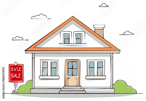 House with sale sign, residential architecture, home ownership, property investment opportunity, real estate market illustration