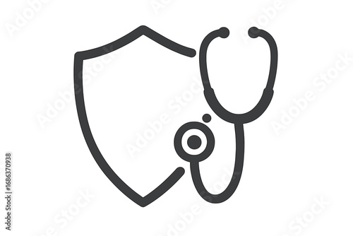 Medical protection logo with shield and stethoscope. Healthcare insurance and security concept. Doctor care symbol for clinic, hospital. Vector line icon for health guard.