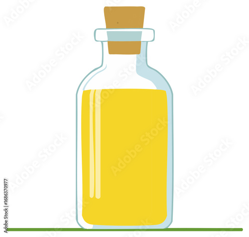 Bottle filled with yellow liquid and cork stopper. Design element. Still life of organic oil or juice.