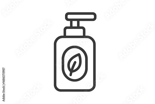 Cosmetic pump bottle icon with leaf symbol. Natural, organic skincare product concept. Line art for soap, lotion, shampoo, sanitizer. Beauty, body care, hygiene vector design.