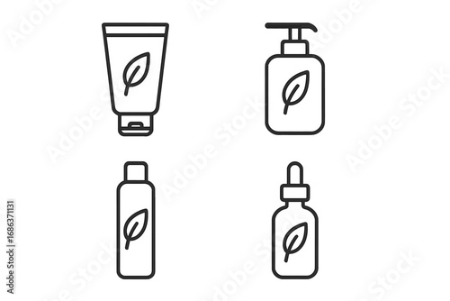 Natural cosmetic packaging icon set. Organic skincare beauty products. Cream tube, lotion pump, serum dropper bottle. Minimalist linear vector illustration for eco-friendly brands.