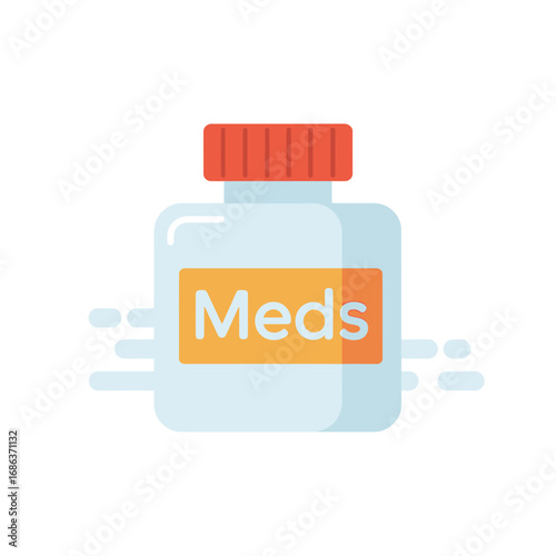 Medicine bottle with orange label indicating the contents with a red lid in a simple flat vector design for healthcare usage
