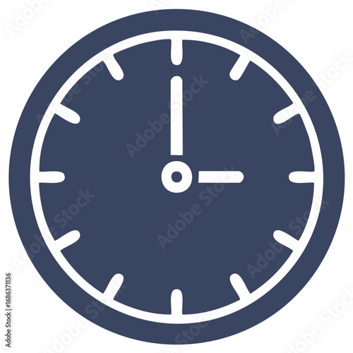 Simple graphic icon of a dark blue analog clock face indicating three o'clock