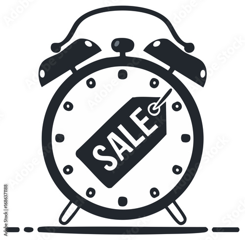 Alarm clock illustration shows sale tag for shopping promotional discount time
